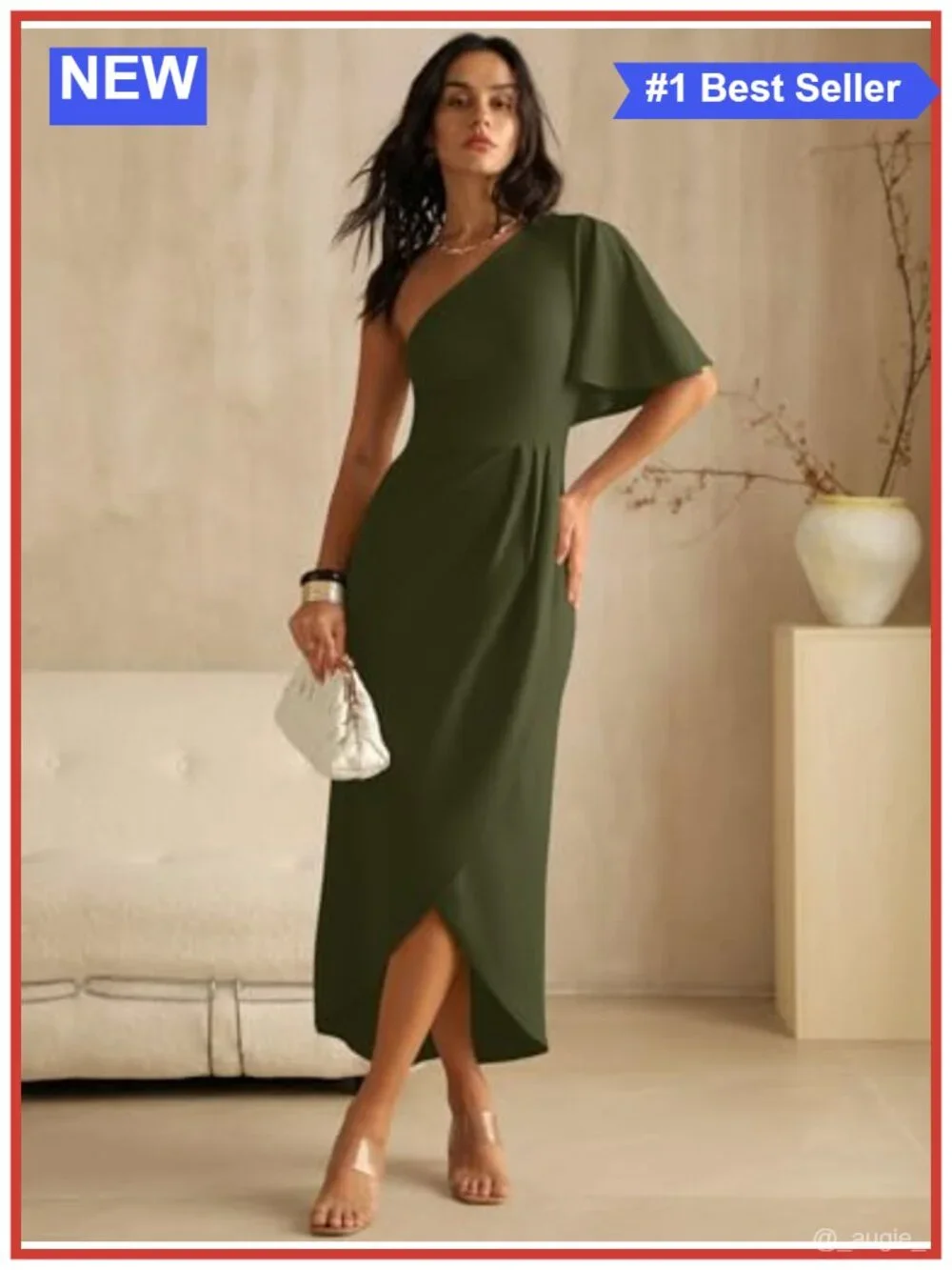 Women's One Shoulder Midi Dress Empire Waist Ruffle Cape Sleeve Side Slit